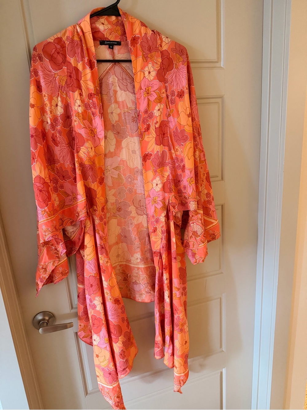 Floral Satin Kimono Robe in Coral & Pink
